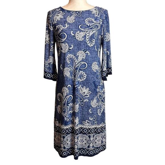 Studio One New York Knee Length Shift Dress Bell Sleeve 3D Boho Print Size Small - Picture 1 of 8